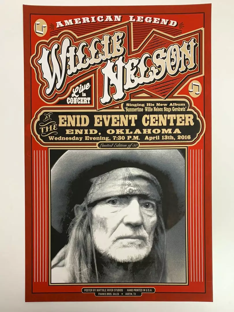 Gig Posters Willie Nelson - 2016 Mattole River Studios Poster Enid, OK 4 Gig Posters Willie Nelson - 2016 Mattole River Studios Poster Enid, OK