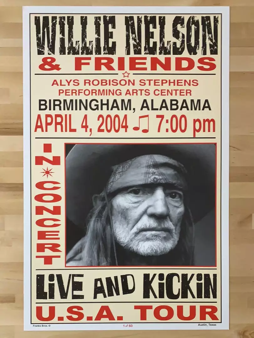 Willie Nelson - 2004 Franks Brothers 4/4 Poster Birmingham, AL Gig Posters 4 Willie Nelson - 2004 Franks Brothers 4/4 Poster Birmingham, AL Gig Posters