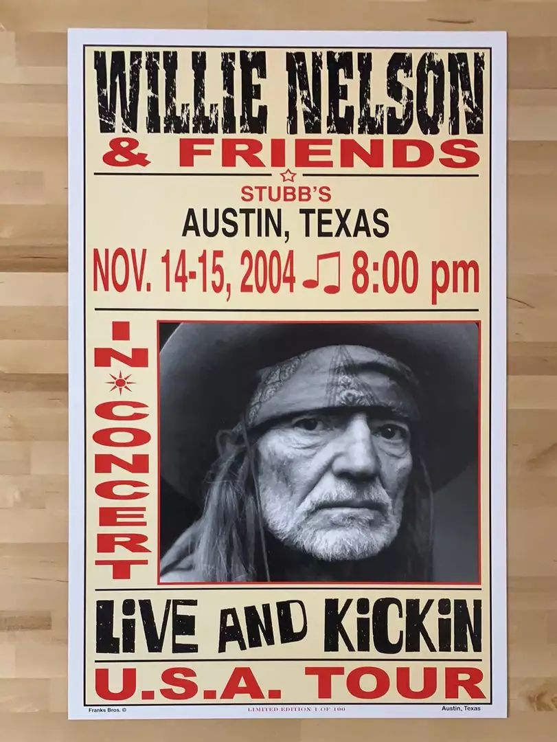 Gig Posters Willie Nelson - 2004 Franks Brothers 11/14-15 Poster Austin, TX 4 Gig Posters Willie Nelson - 2004 Franks Brothers 11/14-15 Poster Austin, TX