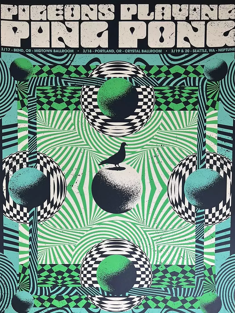 Pigeons Playing Ping Pong - 2022 Status Serigraph Poster OR/WA Run Gig Posters 3 Pigeons Playing Ping Pong - 2022 Status Serigraph Poster OR/WA Run Gig Posters