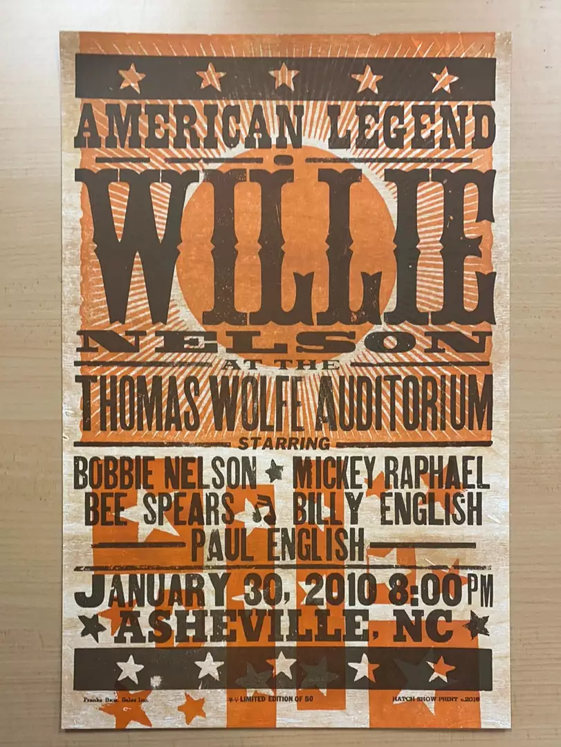Willie Nelson - 2010 Hatch Show Print 1/30 Poster Asheville, North Carolina Gig Posters 4 Willie Nelson - 2010 Hatch Show Print 1/30 Poster Asheville, North Carolina Gig Posters