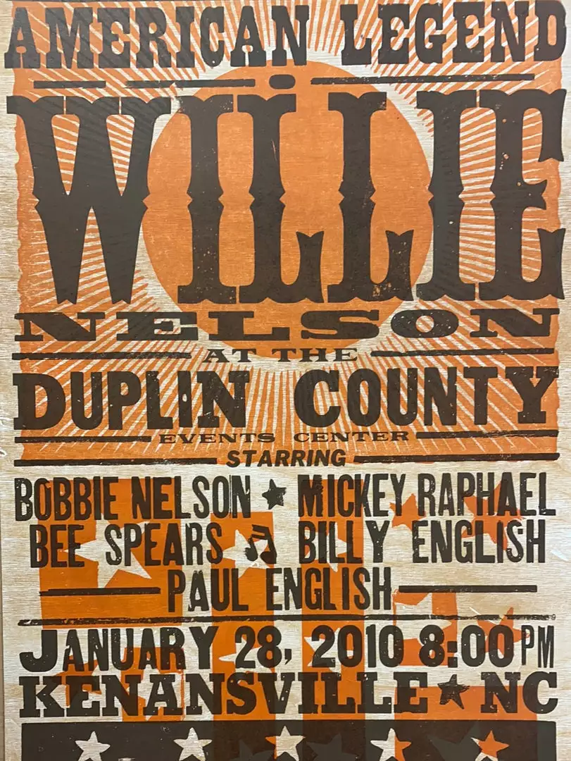 Willie Nelson - 2010 Hatch Show Print 1/28 Poster Kenansville, North Carolina Gig Posters 3 Willie Nelson - 2010 Hatch Show Print 1/28 Poster Kenansville, North Carolina Gig Posters