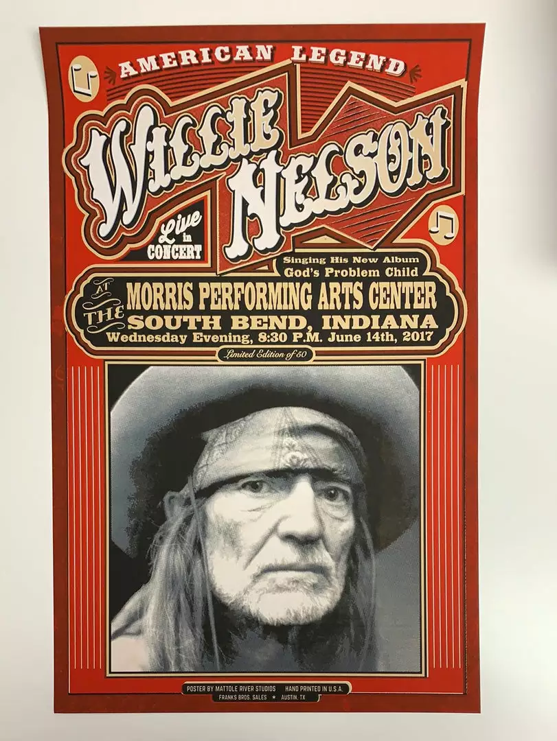 Gig Posters Willie Nelson - 2017 Mattole River Studios Poster South Bend, Indiana 4 Gig Posters Willie Nelson - 2017 Mattole River Studios Poster South Bend, Indiana