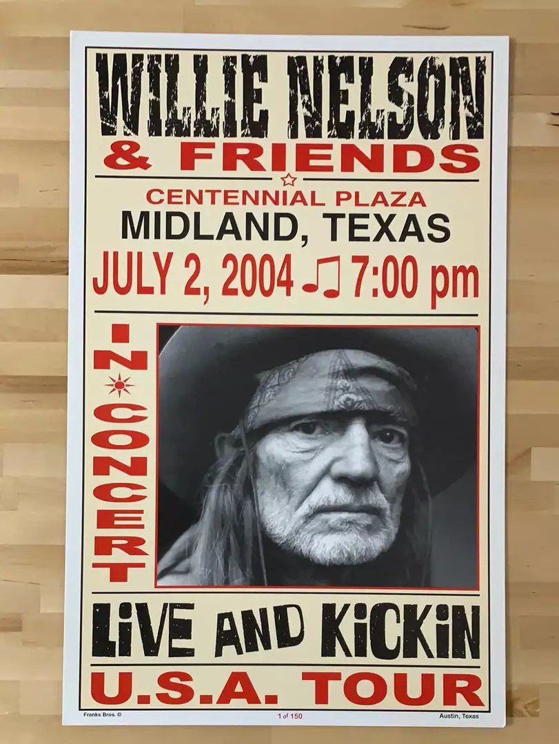 Willie Nelson - 2004 Franks Brothers 7/2 Poster Midland, TX Gig Posters 4 Willie Nelson - 2004 Franks Brothers 7/2 Poster Midland, TX Gig Posters