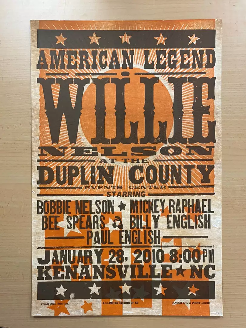 Willie Nelson - 2010 Hatch Show Print 1/28 Poster Kenansville, North Carolina Gig Posters 4 Willie Nelson - 2010 Hatch Show Print 1/28 Poster Kenansville, North Carolina Gig Posters