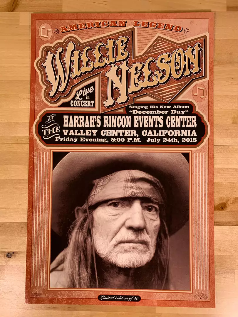 Gig Posters Willie Nelson - 2015 Franks Brothers Poster Valley Center, CA Harrah's 4 Gig Posters Willie Nelson - 2015 Franks Brothers Poster Valley Center, CA Harrah's