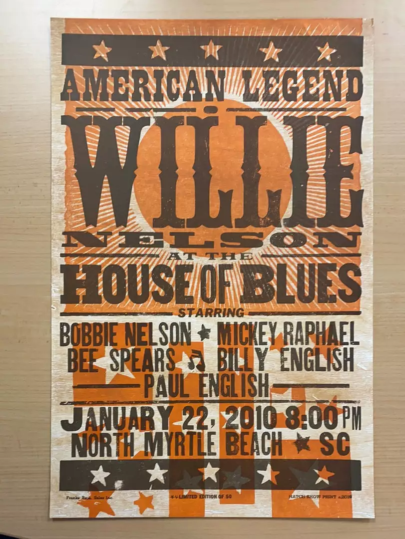 Gig Posters Willie Nelson - 2010 Hatch Show Print 1/22 Poster North Myrtle Beach, South Carolina 4 Gig Posters Willie Nelson - 2010 Hatch Show Print 1/22 Poster North Myrtle Beach, South Carolina