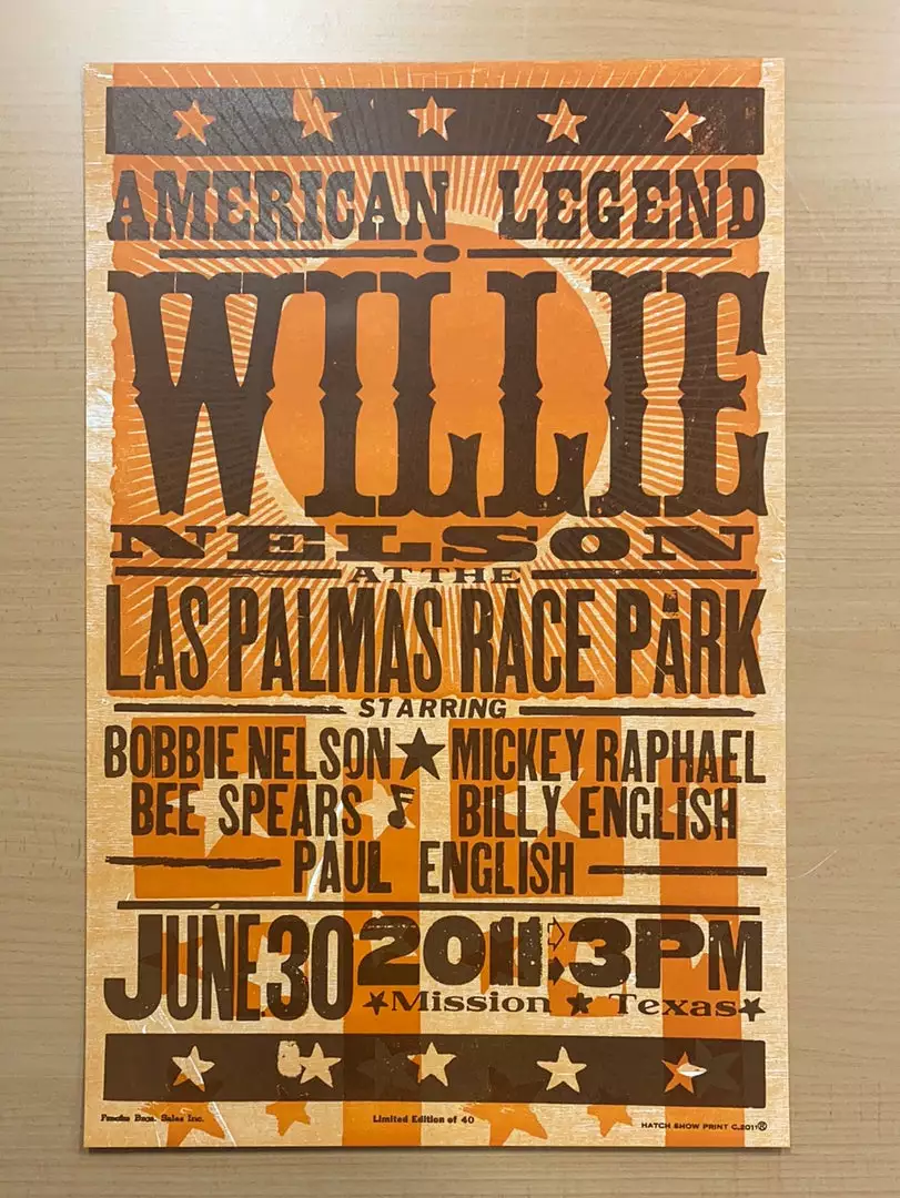 Willie Nelson - 2011 Hatch Show Print 6/30 Poster Mission, Texas Gig Posters 4 Willie Nelson - 2011 Hatch Show Print 6/30 Poster Mission, Texas Gig Posters