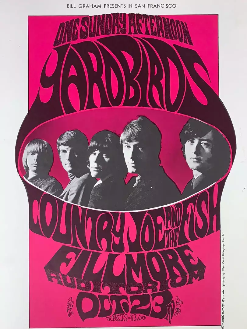Yardbirds - 1966 John H Myers Poster San Francisco, CA The Fillmore 2nd 3 Yardbirds - 1966 John H Myers Poster San Francisco, CA The Fillmore 2nd