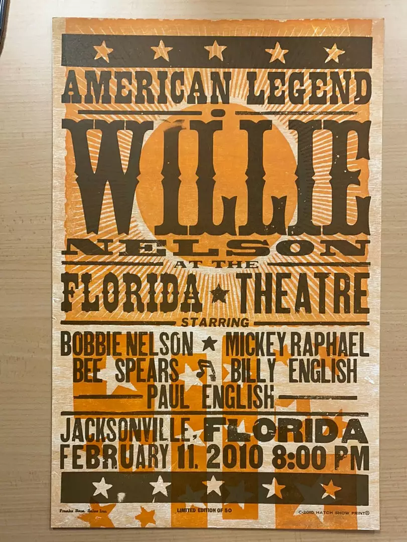 Gig Posters Willie Nelson - 2010 Hatch Show Print 2/11 Poster Jacksonville, Florida 4 Gig Posters Willie Nelson - 2010 Hatch Show Print 2/11 Poster Jacksonville, Florida