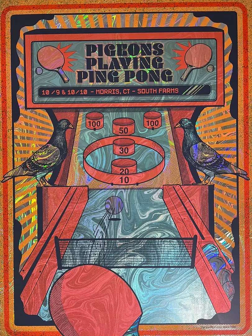 Foil Posters Pigeons Playing Ping Pong - 2020 Status Serigraph FOIL Poster Morris, CT 3 Foil Posters Pigeons Playing Ping Pong - 2020 Status Serigraph FOIL Poster Morris, CT