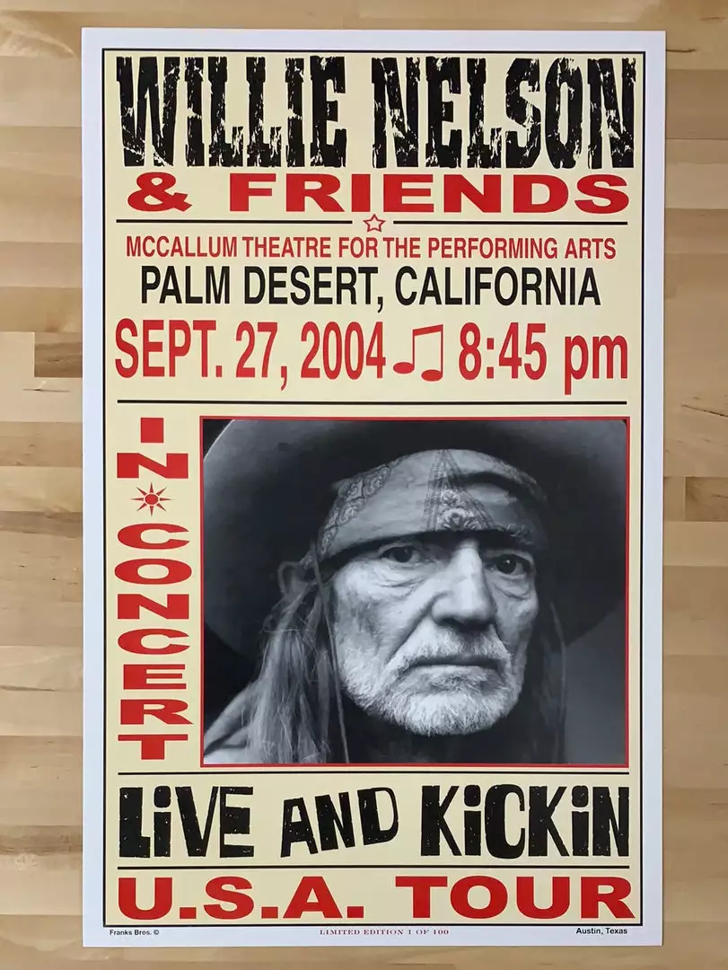 Gig Posters Willie Nelson - 2004 Franks Brothers 9/27 Poster Palm Desert, CA 4 Gig Posters Willie Nelson - 2004 Franks Brothers 9/27 Poster Palm Desert, CA